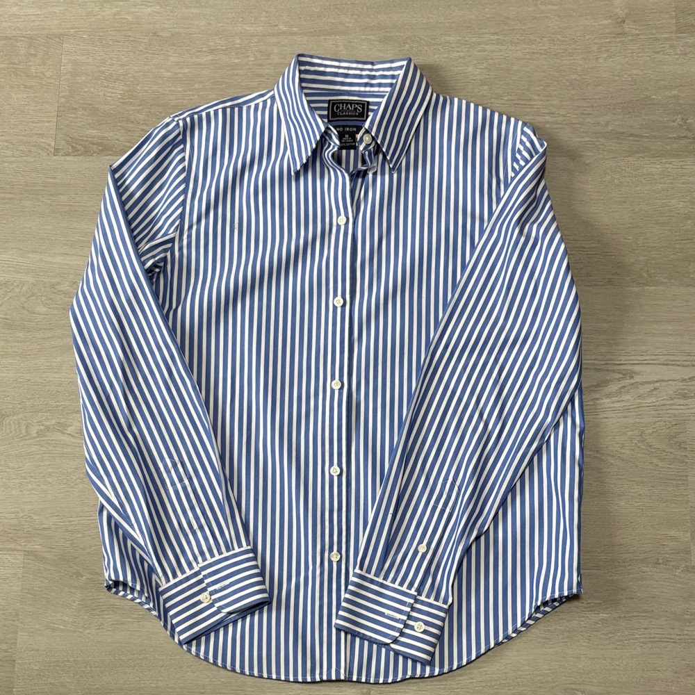 Chaps Women’s Medium No Iron Shirt with Blue and White Stripes